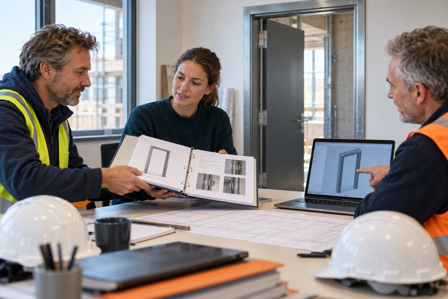 Illustratie bij activiteit 9: drie collega’s bespreken en dragen het objectdossier met productgegevens, werkbewijs en open punten over.