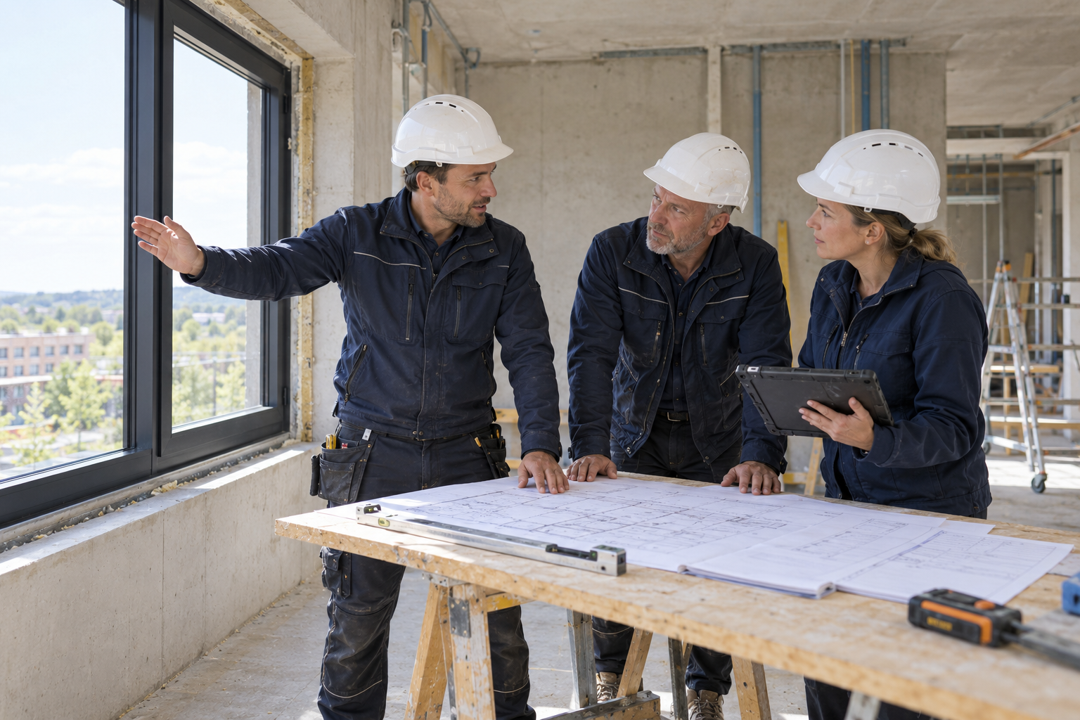 Illustratie bij activiteit 6: een vakman, begeleider en BIM-collega bespreken de montagekwaliteit, het werkverslag en de overdracht.
